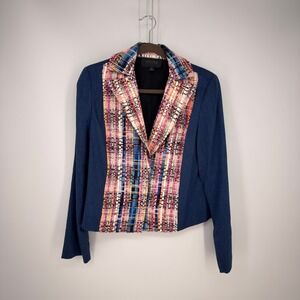 Carlisle Collection Blazer Womens Size 6 Blue Multi Tweed Linen Blend Artsy Chic